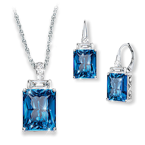 Blue Helenite & White Topaz Pendant Necklace & Earrings Set