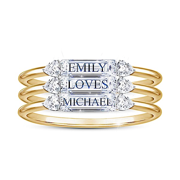 Built On Love Women's Personalized 18K Gold-Plated Stacking Ring Set Featuring Over 1 Carat Diamonesk Simulated Diamonds - Perso