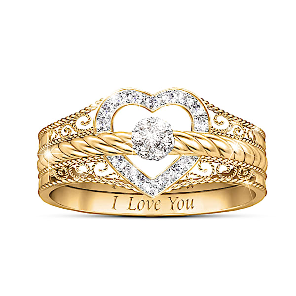 I Love You 18K-Gold Plated Diamond Stacking Ring Set