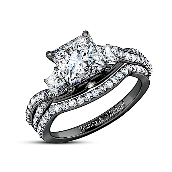 Midnight Kiss Romantic Black Rhodium And Platinum Plated Ring Adorned With 3 Princess-Cut Simulated Diamonds In The Center & Per
