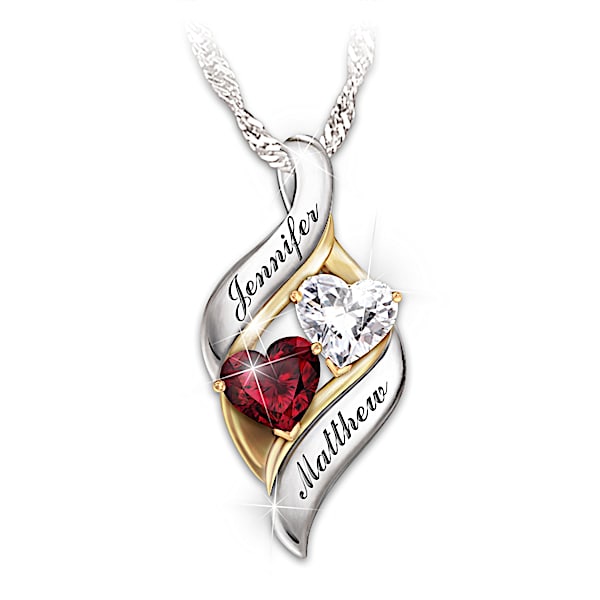 Loving Embrace Women's Personalized Sterling Silver Pendant Necklace Featuring 2 Heart-Shaped Crystals & Adorned With 24K Gold-P