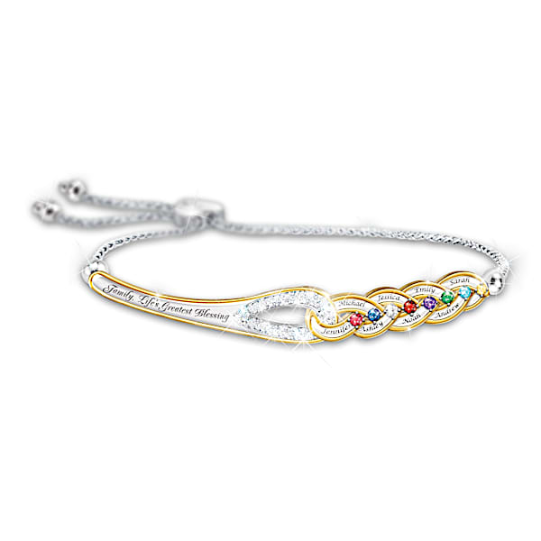 Our Family's Strength Of Love Sterling Silver-Plated Personalized Birthstone Bracelet Featuring An Interlocking Design With 18K