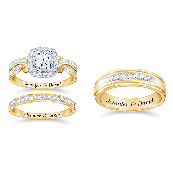 A Day To Remember Together Personalized 18K-Gold And Platinum Plated 3 Band Wedding Ring Set Adorned With Over 6 Carats Of Simul
