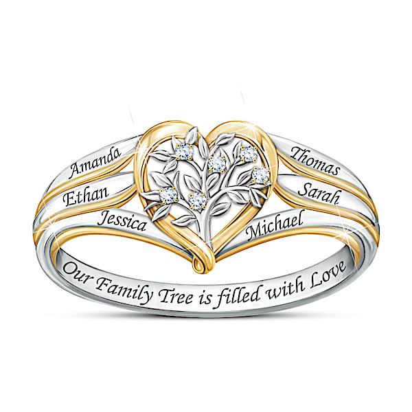Our Family Tree Women's Personalized Sterling Silver Ring Featuring A Heart-Shaped Design Adorned With 6 Diamonds & 18K Gold-Pla