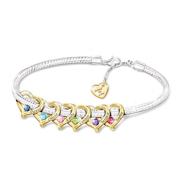 My Family Joined By Love Bracelet Adorned With Heart-Shaped Charms Personalized With 6 Engraved Names & Birthstones With The Opt