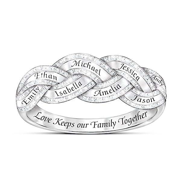My Precious Family Platinum Plated Ring Featuring A Braided Band Design Trimmed Along The Edges With 50 Diamonds And Personalize