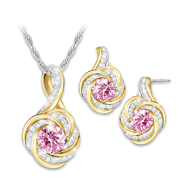 Matching Pendant Necklace And Earrings Set Featuring A Knot Design And Personalized With Birthstones - Personalized Jewelry