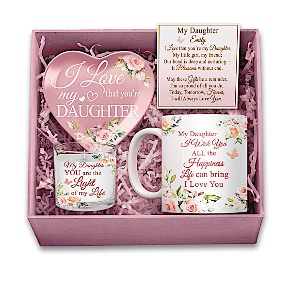 Daughter, I Love You Pink Personalized Gift Box Set Featuring A Porcelain Mug, Heart-Shaped Trinket Tray & Glass Candleholder Wi