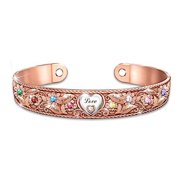 Mom's Garden Of Love Copper Bracelet With 18K-Rose Gold Plating Featuring A Floral Design Personalized With Up To 8 Names & Crys