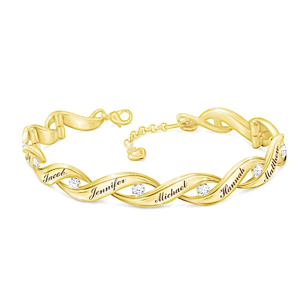 Family Of Love Women's Personalized 18K Gold-Plated Wave-Shaped Link Bracelet Adorned With 10 Diamonds & Comes With A Gift Box -