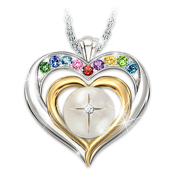 Faith And Family Heart-Shaped Personalized Birthstone Pendant Necklace Featuring A Mother-Of-Pearl Cabochon With A Diamond And E