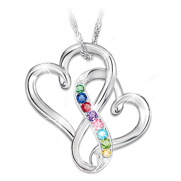 A Mother's Love Pendant Necklace With 2 Sculpted Hearts Intertwined To Create An Infinity Symbol And Personalized With Up To 8 C
