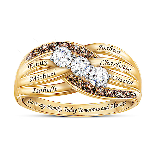 My Precious Family Always Personalized 18K Gold-Plated Ring Adorned With 3 White Topaz Stones And A Pave Of Mocha Diamonds - Per