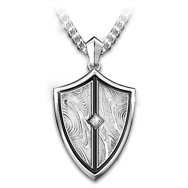 Damascus Steel Shield Pendant Necklace For Grandson