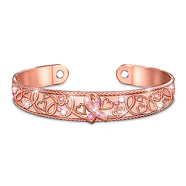 Breast Cancer Hope Copper Bracelet With Pink Crystal Ribbon