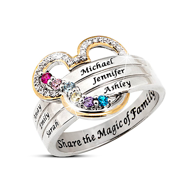 Women's Disney Mickey Mouse Family Ring Personalized With Up To 6 Names And 6 Crystal Birthstones - Personalized Jewelry