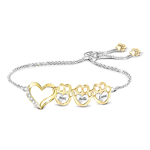 Paw Prints On My Heart Bolo Bracelet Personalized With Your Pets Names Featuring An 18K Gold-Plated Heart-Shaped Charm Adorned W