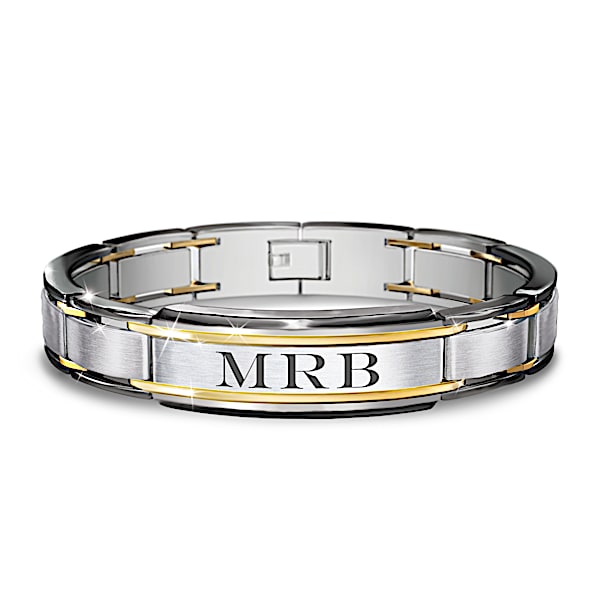 The Strength Of My Son Personalized Stainless Steel Bracelet Featuring 24K Gold-Plated Accents With A Finely Etched Sentiment On