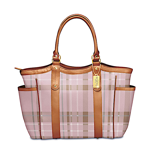 Pink Plaid Shoulder Tote With Personalized Monogrammed Charm