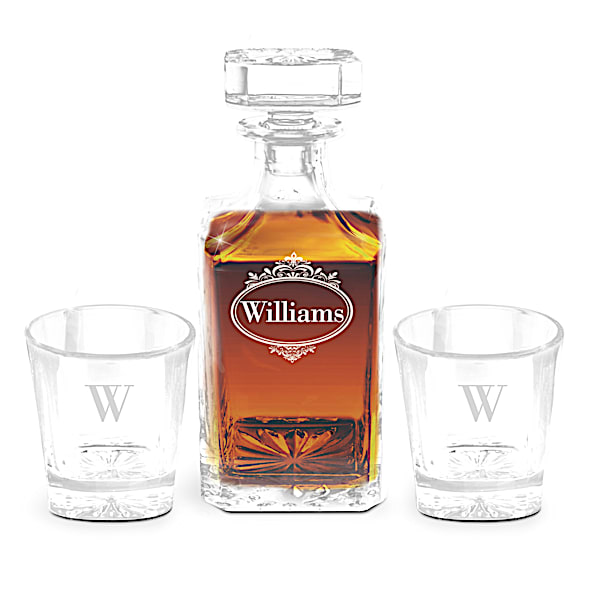 Decanter & Glasses Set With Family Name & Initial