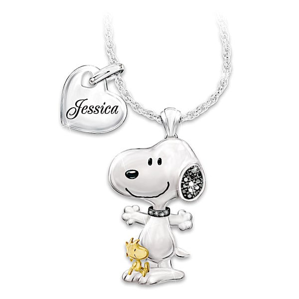 PEANUTS Personalized Platinum-Plated Snoopy And Woodstock Pendant Adorned With Crystal Accents - Personalized Jewelry