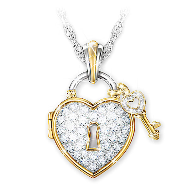 Key To Happiness Heart-Shaped Locket Pendant Necklace Adorned With Over 100 Simulated Diamonds And Personalized With Up To 7 Nam