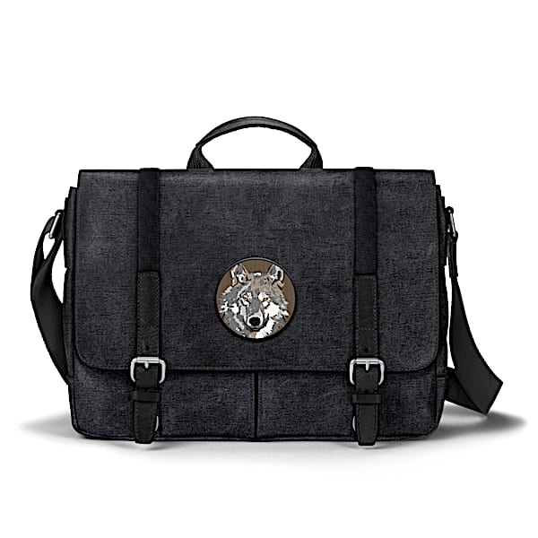 Men's Canvas Messenger Bag With Wolf Applique Patch