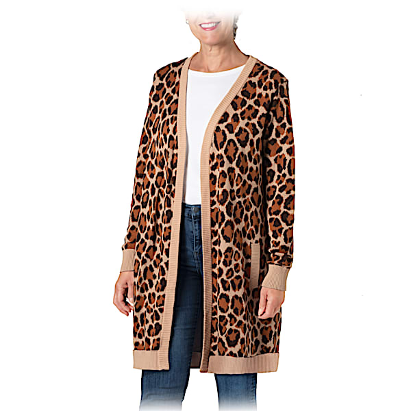 Leopard Print Women's Knee-Length Knit Cardigan