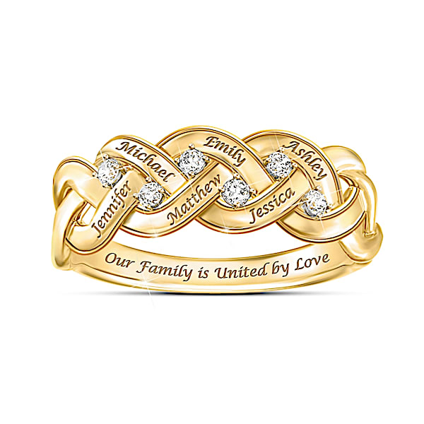 Strength Of Family Women's Personalized Sterling Silver Ring Lavishly Plated In 18K Gold Featuring A Woven Style Design & Adorne