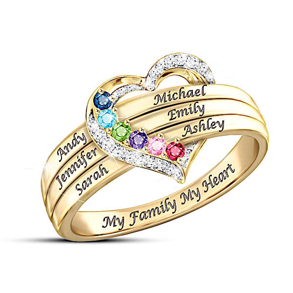 My Family, My Heart Women's 18K Gold-Plated Heart-Shaped Ring Personalized With Up To 6 Names & 6 Crystal Birthstones - Personal