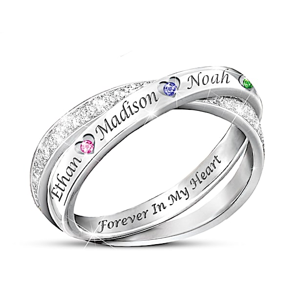 Forever In My Heart Women's Personalized Platinum-Plated Crystal Birthstone Ring Featuring An Interlocking Ring Design - Persona
