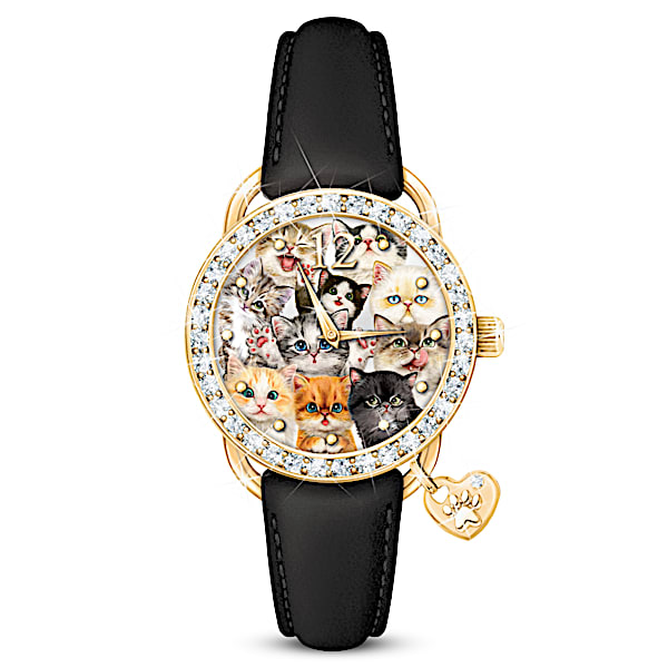 Kayomi Harai Sassy Cat Leather Watch With 40 Crystals