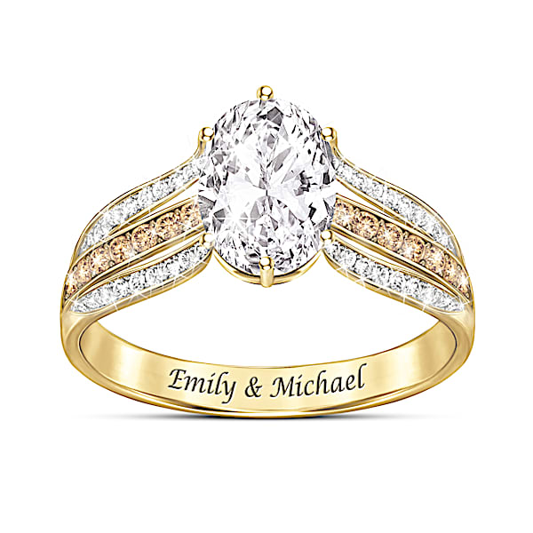 A Toast To Love 18K Gold-Plated Ring With A White Topaz Center Stone And Ribbons Of Champagne Diamonds And White Topaz And Perso
