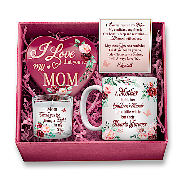 Mom, I Love You Pink Floral Personalized Gift Box Set Featuring A Porcelain Mug, Heart-Shaped Trinket Tray And Glass Candleholde