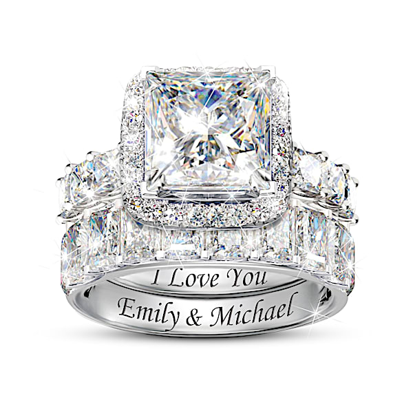 Personalized Simulated Diamond Bridal Ring Set With Engagement Ring And Engraved Wedding Band - Personalized Jewelry