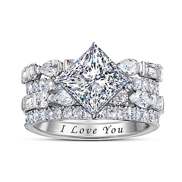 Facets Of Love Platinum Plated Stacking Ring Set Featuring 4 Bands With Simulated Diamonds And Personalized With Your Choice Of