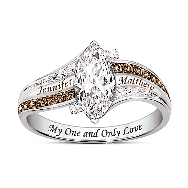 My One And Only Love Romantic Platinum-Plated Ring Featuring A Topaz Center Stone Accented With 2 Round White Diamonds And Perso