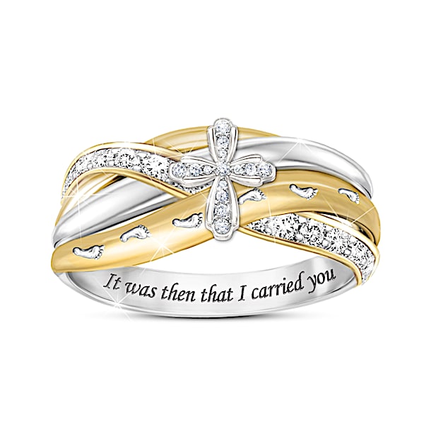 Footprints In The Sand Diamond Cross Ring With Poem Card