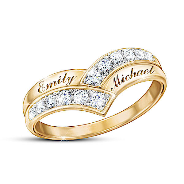 Love Endures Women's Romantic 18K Gold-Plated Chevron-Shaped Ring Adorned With A Dozen Diamonds In A Pave Setting And Personaliz