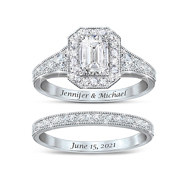 Forever And Ever Platinum-Plated Art-Deco Bridal Ring Set Adorned With Simulated Diamonds And Each Ring Is Personalized With Up