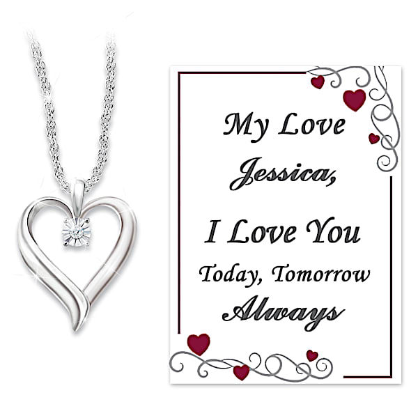 Gift From The Heart Women's Sterling Silver Heart-Shaped Pendant Necklace Adorned With A Diamond And Comes With Personalized Poe
