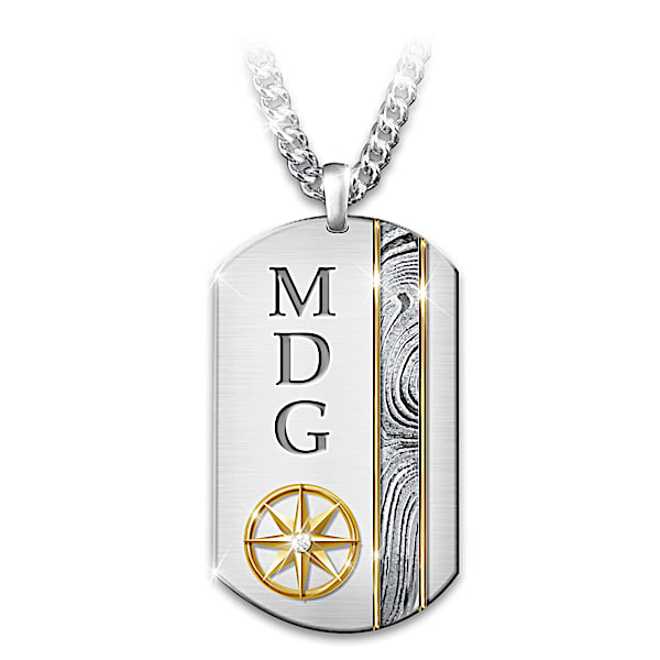 Forge Your Own Path Damascus Steel Dog Tag Pendant Necklace With 24K Gold Ion-Plated Accents Personalized With Your Grandson's I