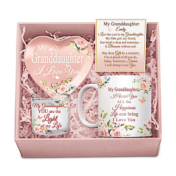 Granddaughter, I Love You Pink Floral Personalized Gift Box Set Featuring A Porcelain Mug, Heart-Shaped Trinket Tray And Candleh