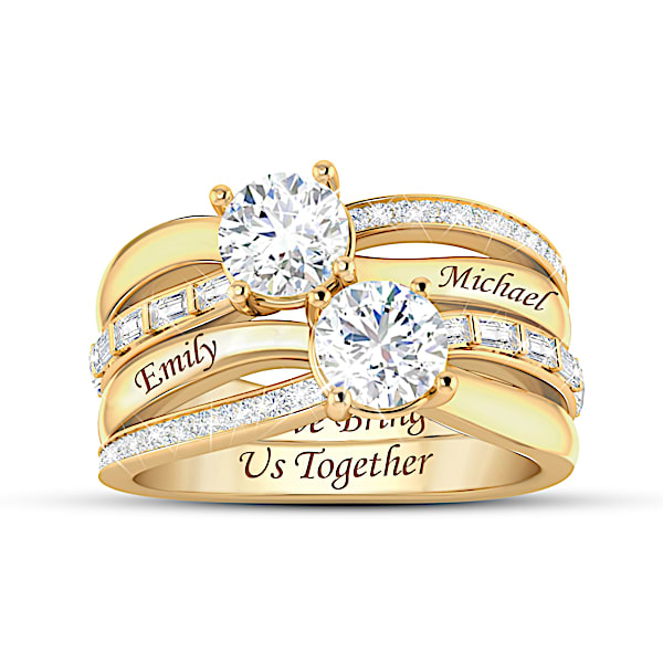 Love Joins Us Together Romantic 18K Gold-Plated Ring Featuring A Hinged Stacking Design Adorned With Simulated White Diamonds &