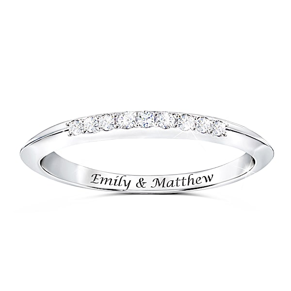 True Love Women's Personalized Romantic Platinum Plated Wedding Ring Adorned With A Sparkling Ribbon Of Genuine Moissanite Gemst