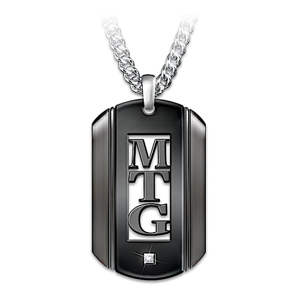 I Love You My Grandson Personalized Black Rhodium-Plated Dog Tag Pendant Necklace Set With A Diamond And Laser Cut With His Mono