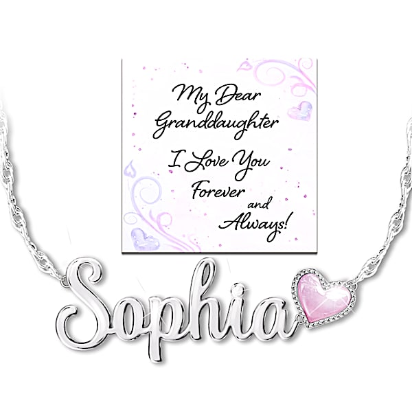 Personalized Platinum-Plated Necklace That Spells Out Your Granddaughter's Name In Sculpted Script With A Hand-Enameled Charm -