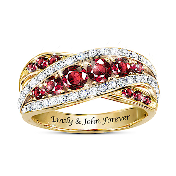 A Dozen Rubies Of Love Personalized 18K Gold-Plated Ring Featuring A Crisscrossing Ribbon Design With 12 Rubies And A Pave Of Wh