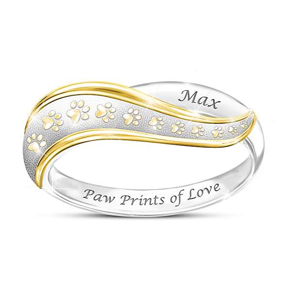 Paw Prints Of Love Sterling Silver Ring With 18K Gold-Plated Accents Featuring A Wave Design With Paw Prints And Personalized Wi