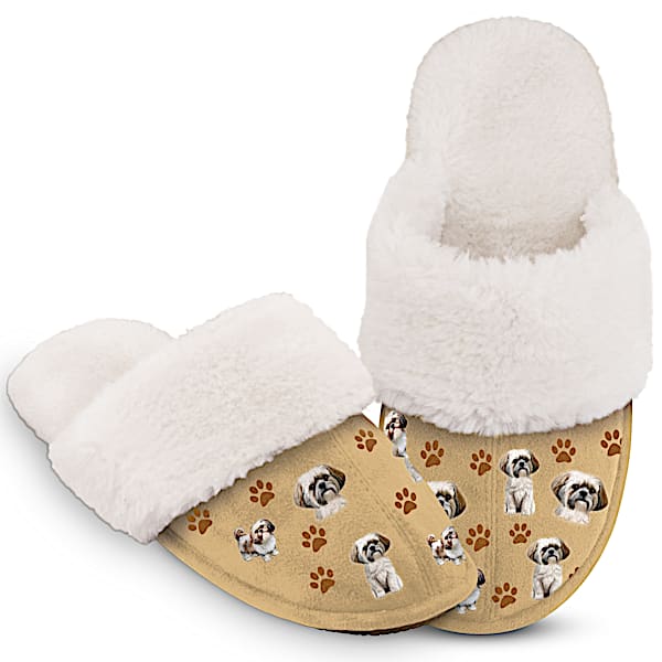 Shih Tzu Faux Suede Women's Slippers With Faux Fur